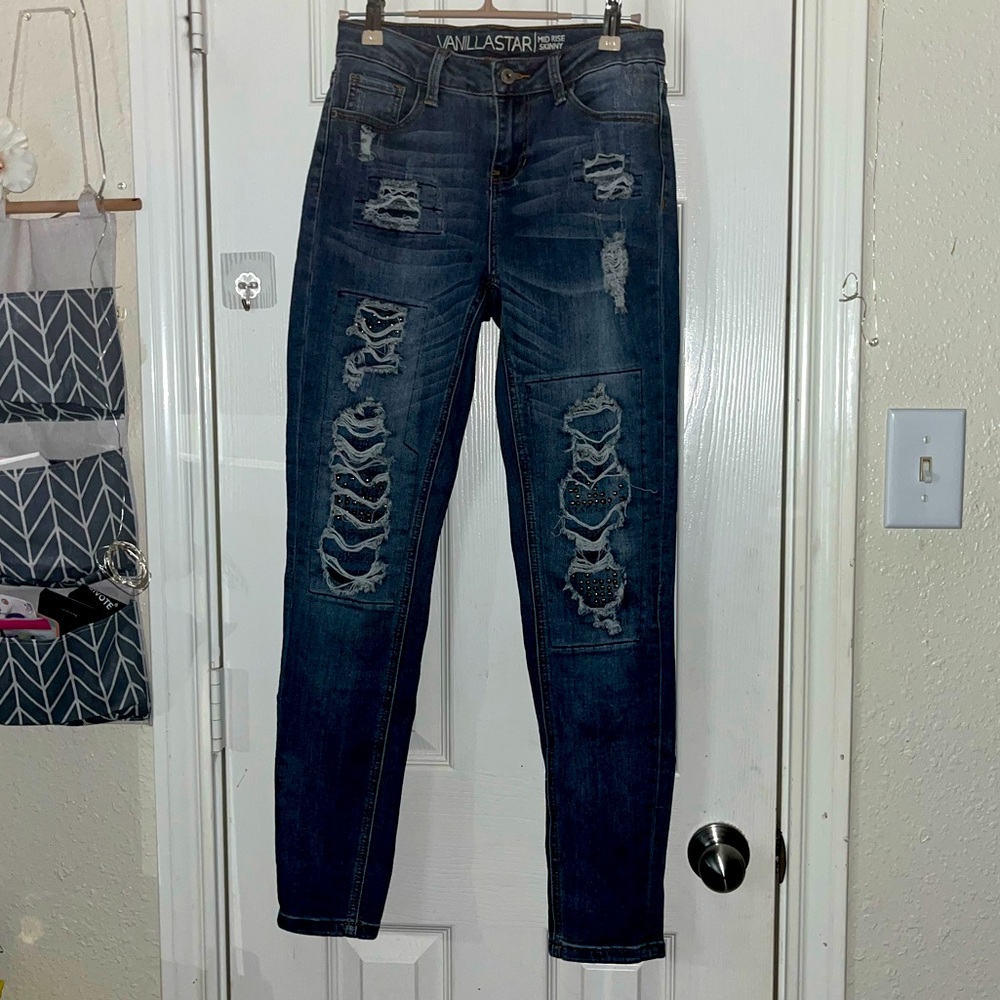 Vanilla Star Women's Distressed Patched denim skinny Jeans